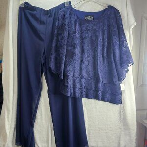 Alex Evenings Blouse Pants Set Women Dark Navy Tiered Hem Round Neck Floral